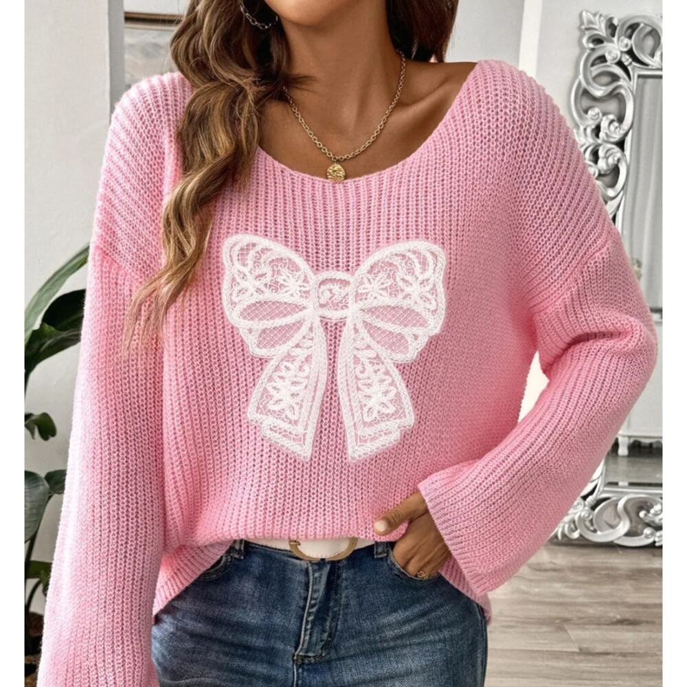 Chicgenes Oversized Bow Boat Neck Long Sleeve Sweater - Picture 3 of 6